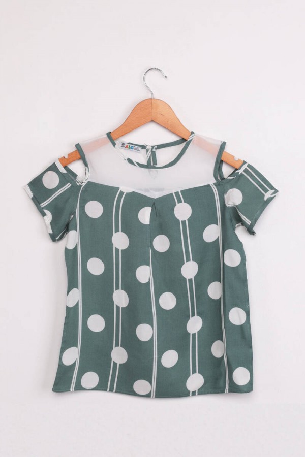 Alg Omzu Açık Puantiye Baskılı Kız Çocuk Elbise Kod/Renk: Yeşil